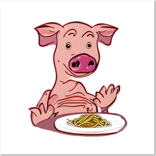 Pig Eating Spaghetti Noodles, Cute Kawaii Pig, Funny Pig Eating Ramen Posters and Art